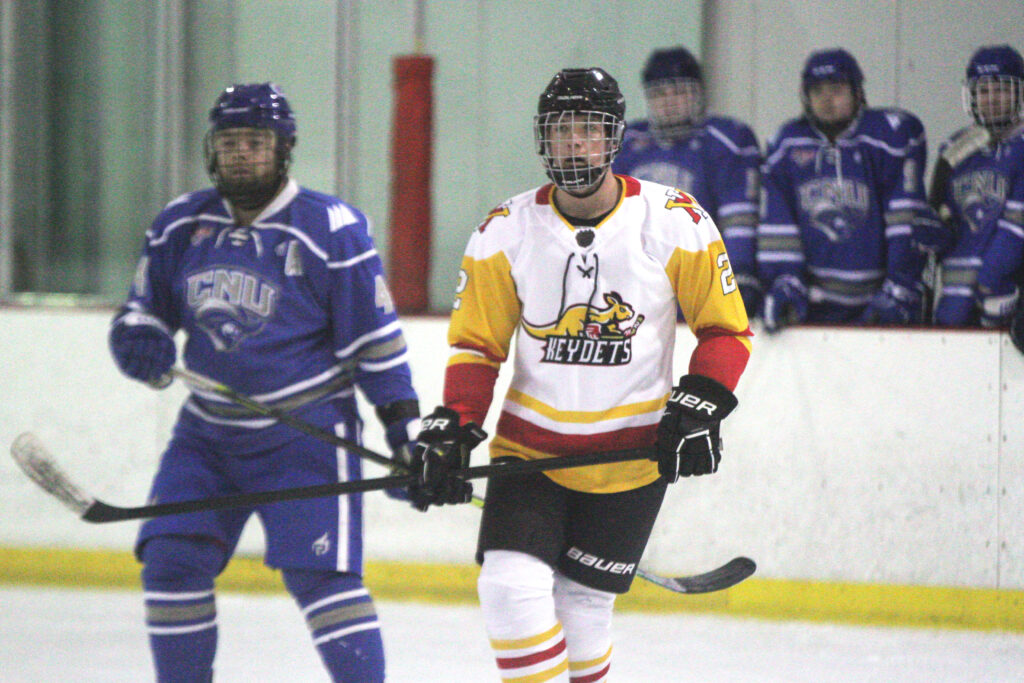 A hockey player on the ice mid-play.