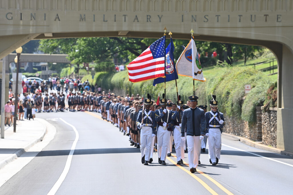 Devin Auzenne leads the Corps of Cadets in Lexington during Matriculation at Virginia Military Institute.