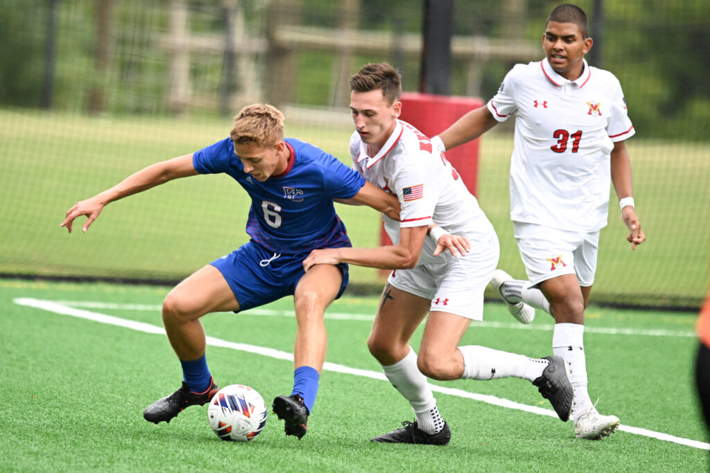 Drew Menges on the soccer field playing for Virginia Military Institute's men's soccer team.