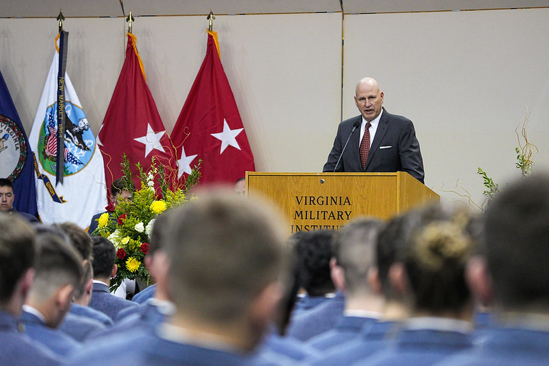 Alumnus guest speaker, retired U.S. Marine Corps Maj. Gen. Paul Brier ’81 addresses the Class of 2027.