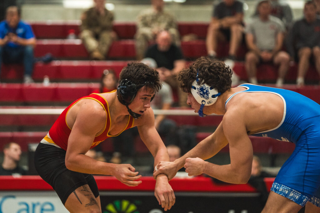 Ray Cmil during a wrestling match at Virginia Military Institute.