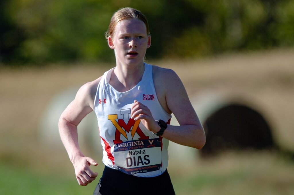 Natalia Dias running cross country for Virginia Military Institute.