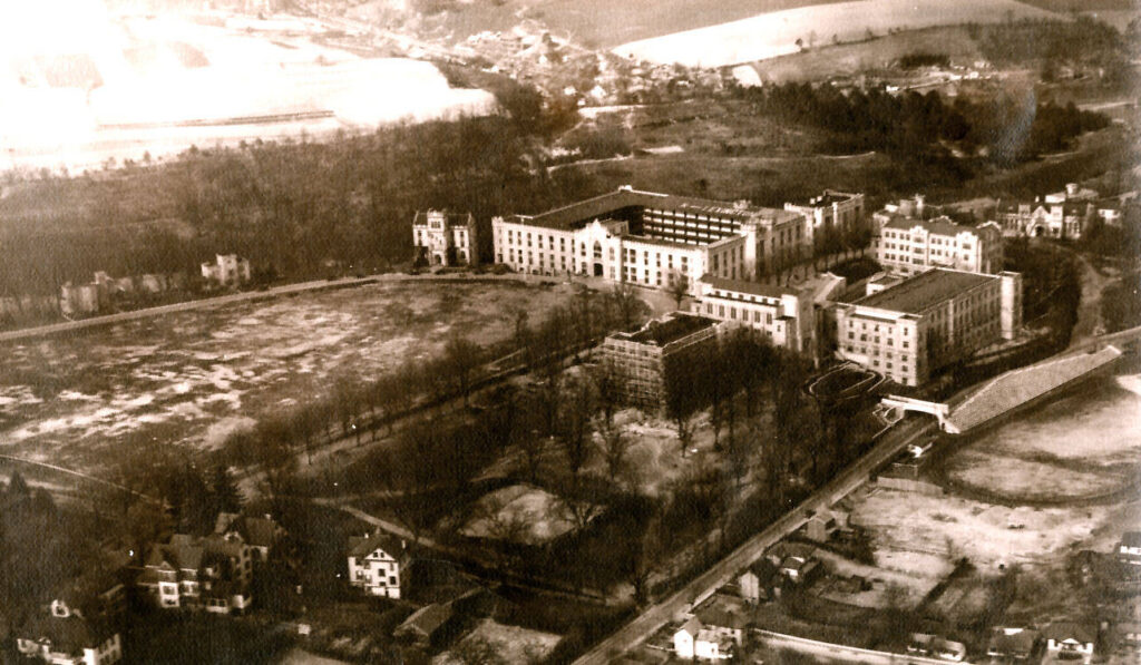 Aerial View of VMI, circa 1930; shows the construction of Nichols Engineering Building