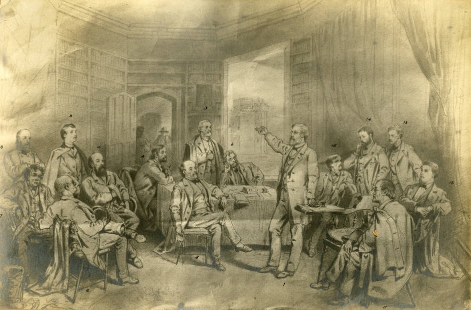This study for an uncompleted painting by artist William D. Washington depicts Superintendent Francis H. Smith, the faculty, and members of the Board of Visitors gathered to plan the reconstruction of VMI after the Civil War. "General Smith announcing his plans for the restoration of the Institute to members of the Board of Visitors and to the Academic Board"