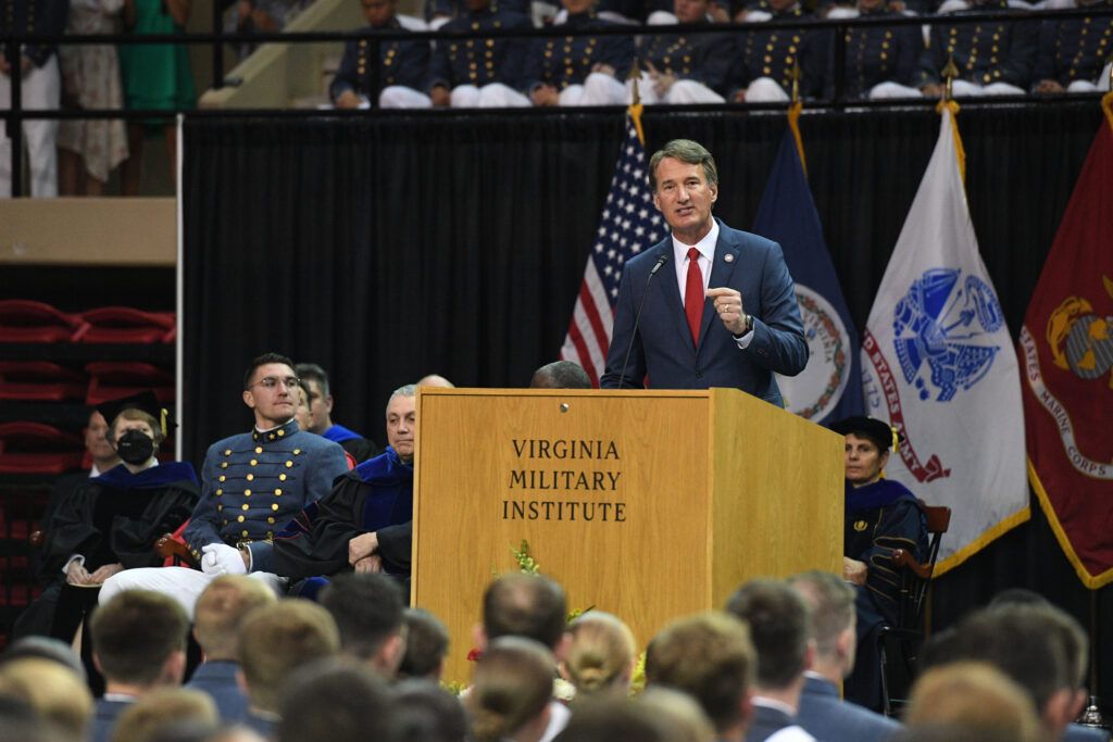 Gov. Glenn Youngkin addresses the Corps of Cadets during the 2023 Commencement ceremony.