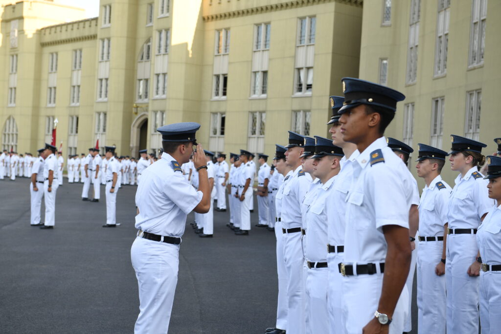 Cadets practice line ups outside of barracks.