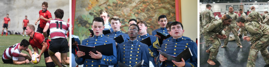 Rugby players on the field, cadets singing in the choir, and cadets getting ready to spar.