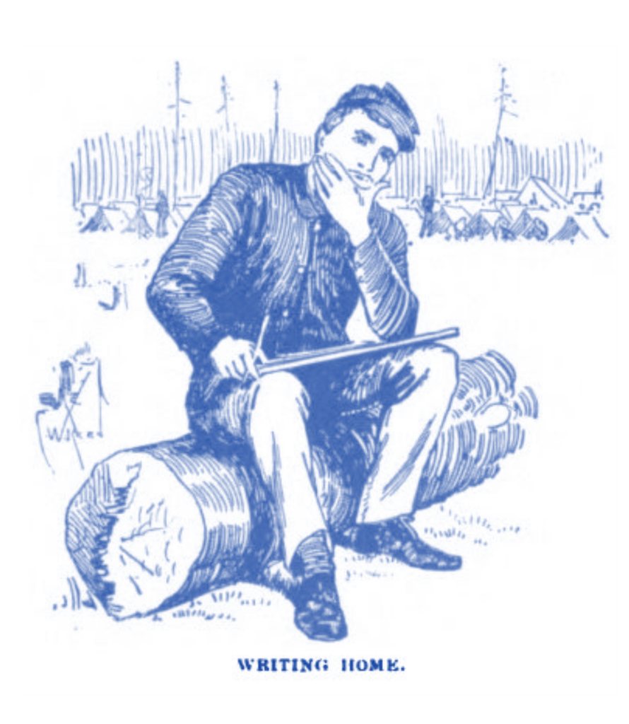 Sketch of Civil War soldier contemplating a letter being written