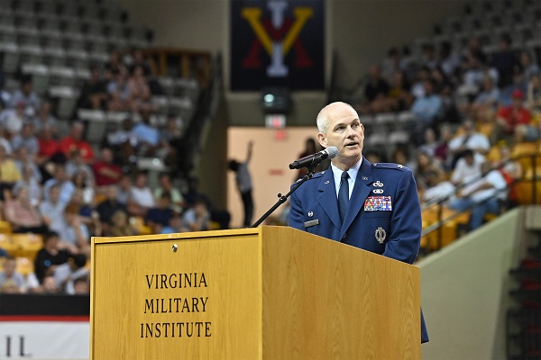 Retired U.S. Air Force Col. Lawrence Havird ’90 speaks at Matriculation.