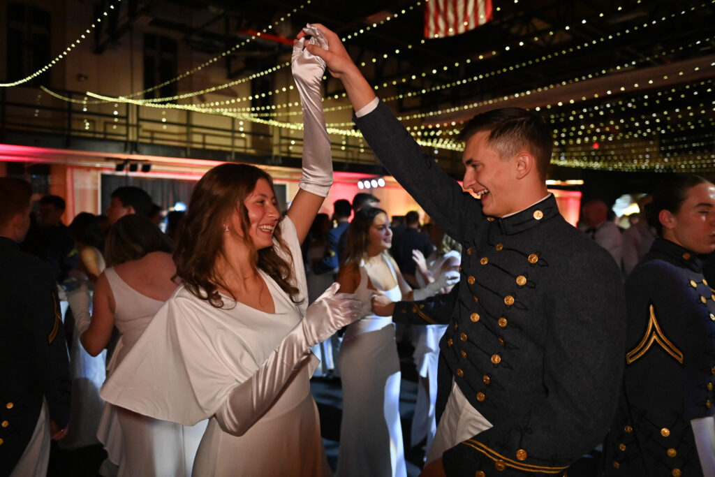 A cadet and his date dance at the Ring Figure dance.