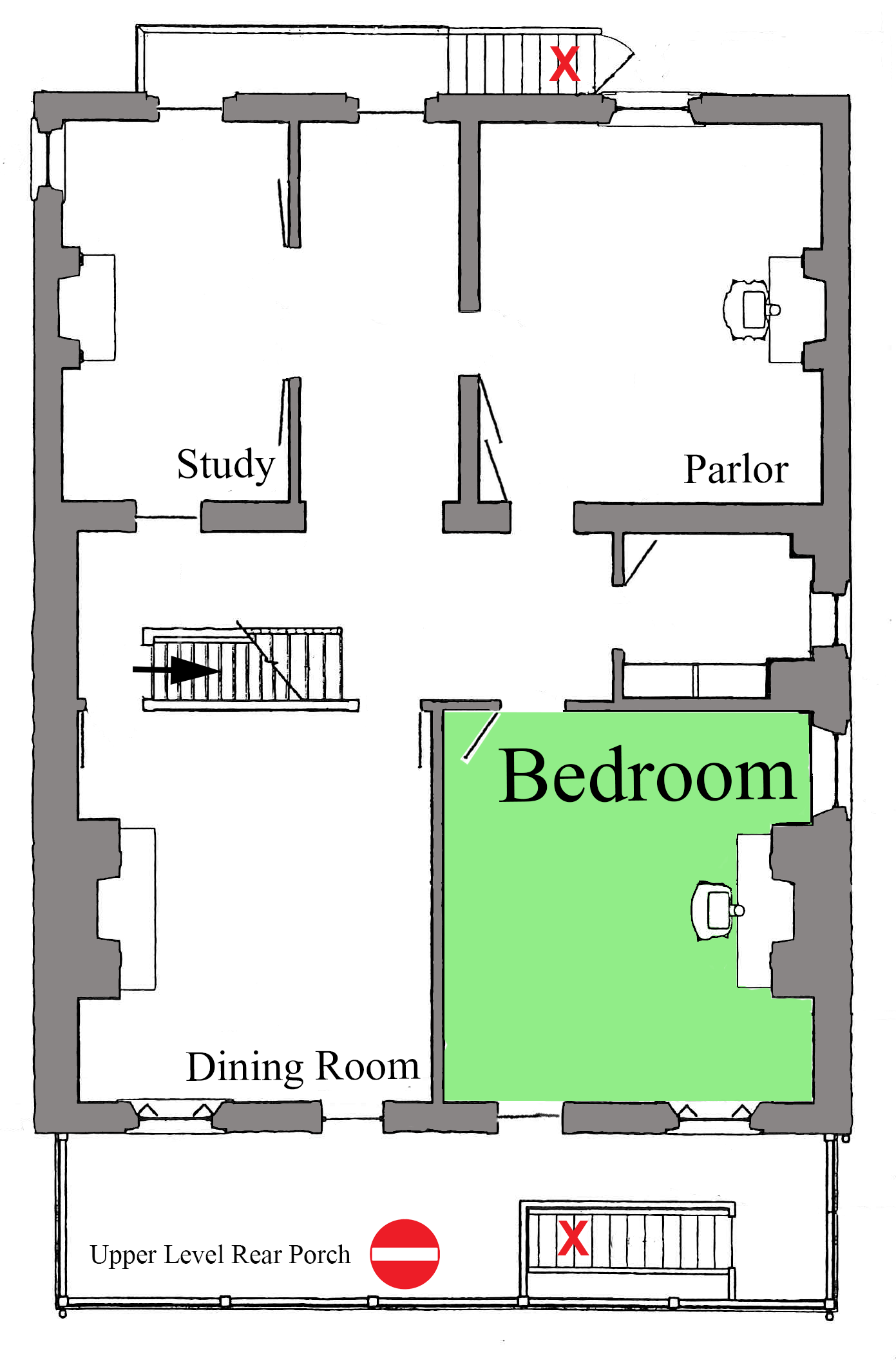 Floor plan map showing the bedroom highlighted in green.