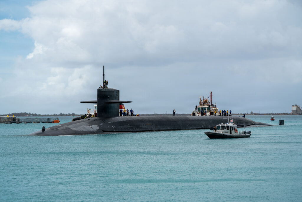 Ohio-class ballistic missile submarine USS Maine (SSBN 741) transits Apra Harbor, Naval Base Guam, May 4, 2026.