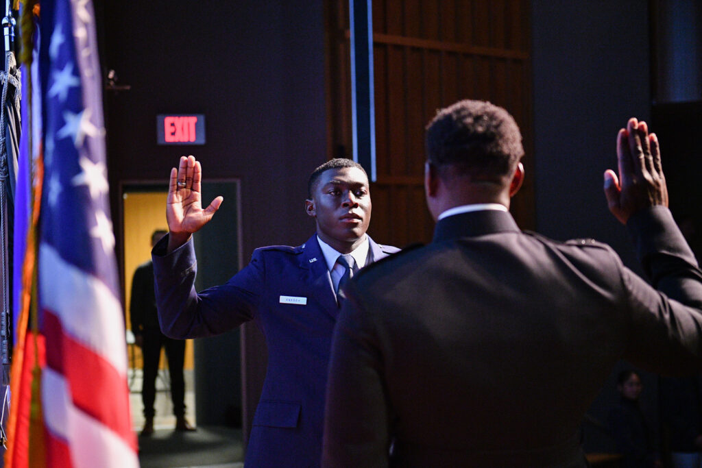 Maximus Ankrah '26 takes his oath during the Air Force ROTC pin-on ceremony at VMI.