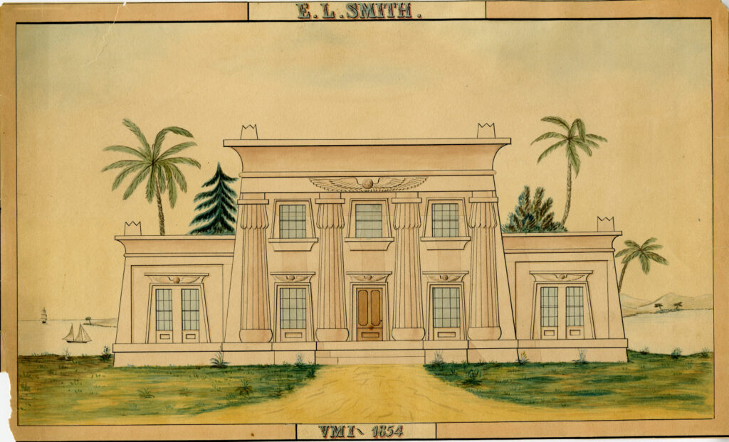 Building facade with classical elements, 1854, Cadet drawing from the VMI Archives